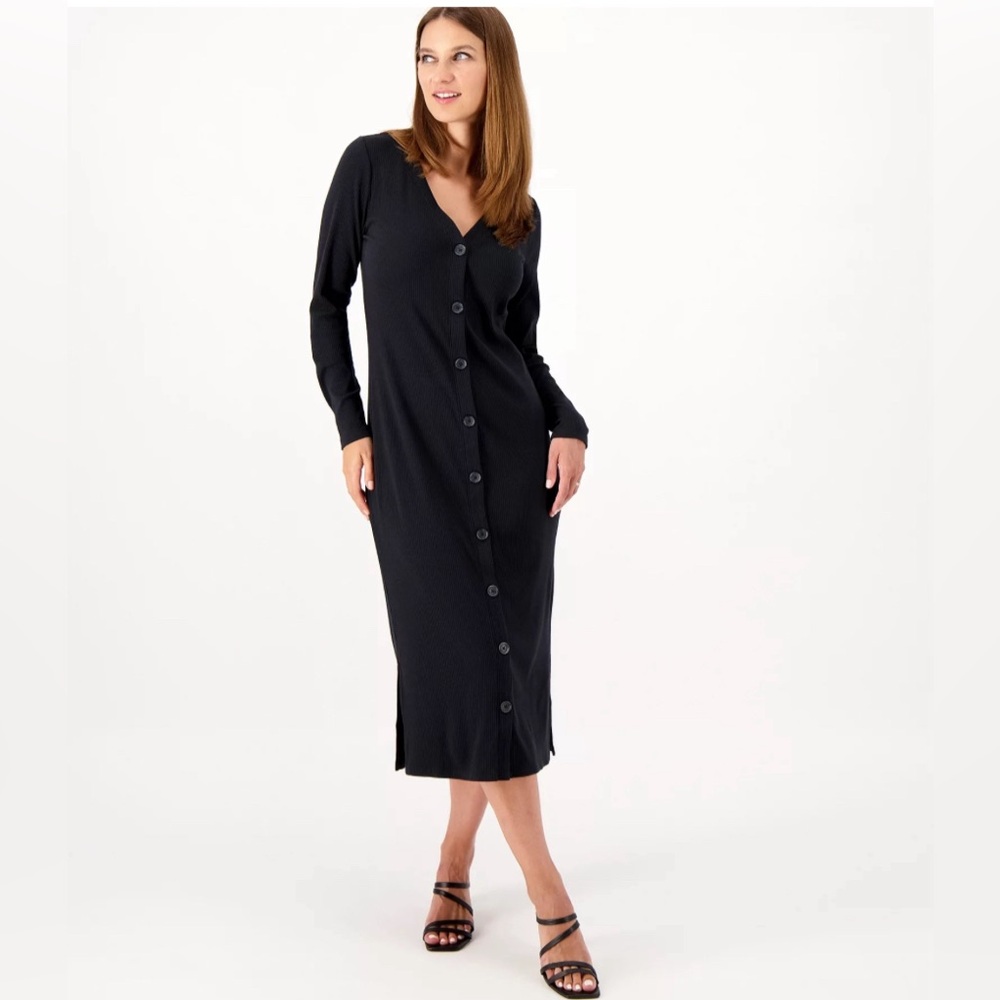 Candace‎ Cameron Bure Ribbed Knit Button Front Maxi Dress Black Large